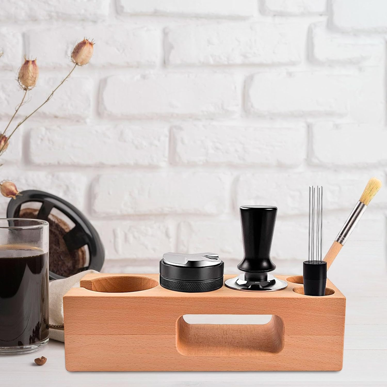 Leefasy Wood Coffee Filter Tamper Holder Kits Espresso Accessories Kits Espresso Tamping Stand Set for Shop Worktop Tearoom Counters Coffee Bar, 54Mm image number 6