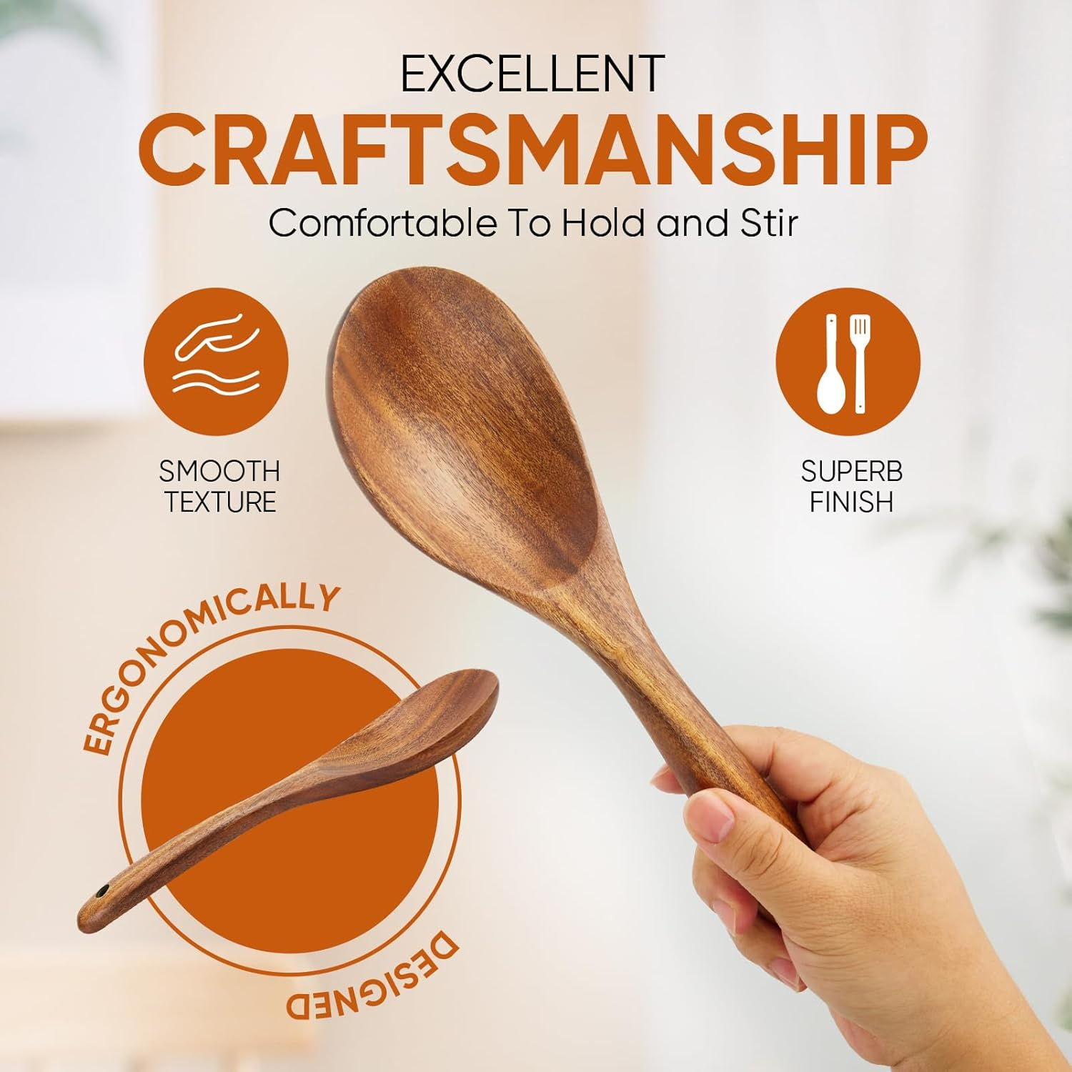XMYYX 6 Piece Teak Wooden Cooking Utensils, Wooden Spoons, Non-Stick, Scratch-Free, Easy to Clean image number 5