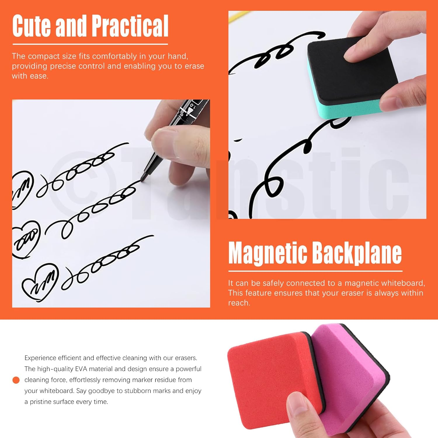 Tanstic 45Pcs Dry Erase Erasers with Dry Erase Markers Assortment Kit, Magnetic Whiteboard Eraser, Chalkboard Eraser Dry Eraser for Classroom Home Office(8 Colors, 2 X 2 X 0.78 Inch) image number 2