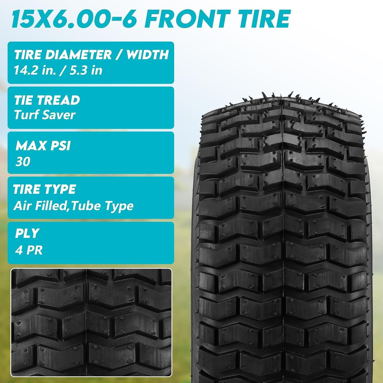 Hsupawa 15X6.00-6 Lawn Mower Tire and Natural Rubber 4 Ply with Tube 2-Pack 400 Lbs Capacity .Wheel Front Tire Compatible with John Deere Craftsman Husqvarna Riding Mowers Lawn Tractorss. image number 2