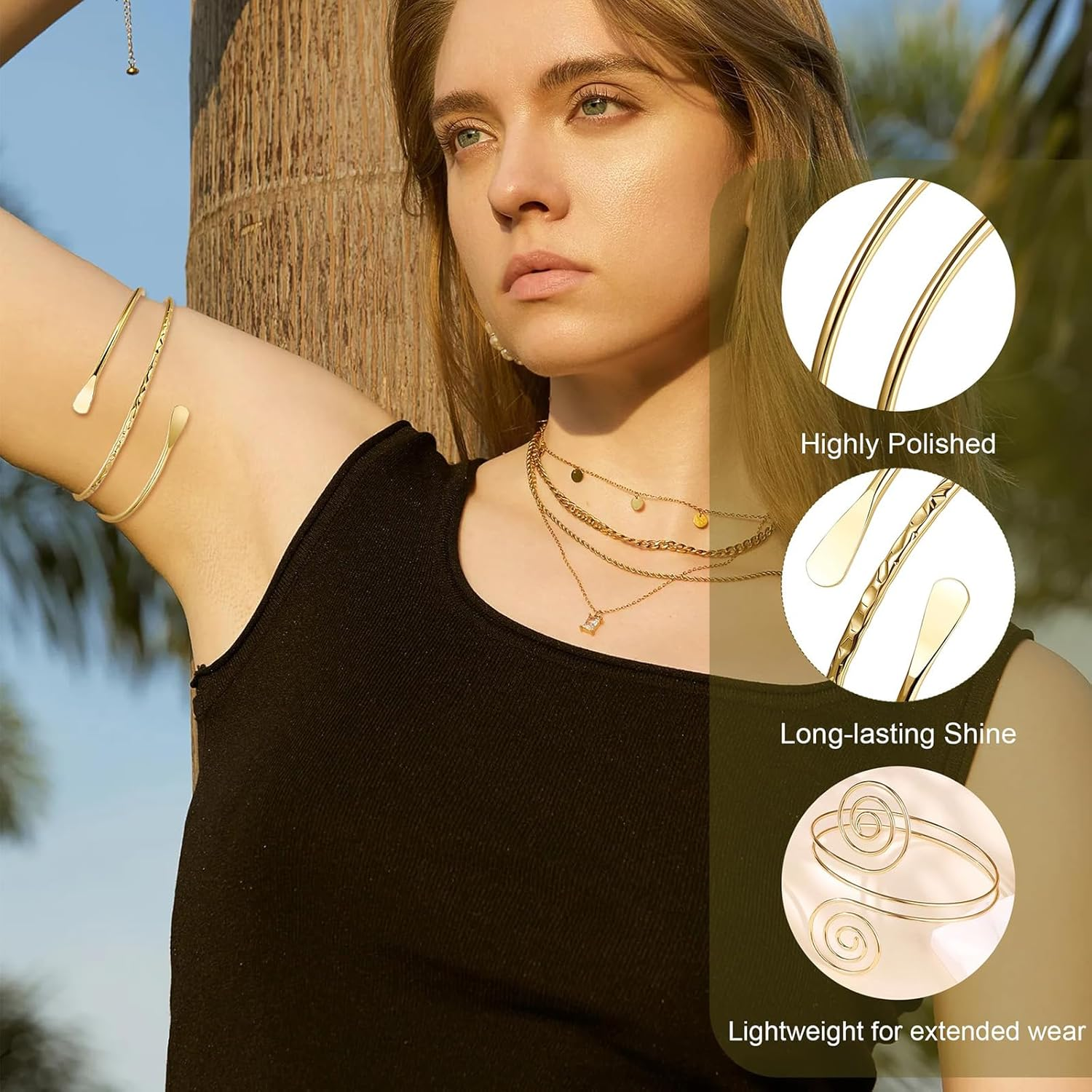 ZKFSIE 4 Pcs Gold Arm Cuff Set, Adjustable Upper Arm Cuff for Women, Stylish Jewelry for Everyday Wear and Special Occasions, One Size, Bronze, Agate image number 2