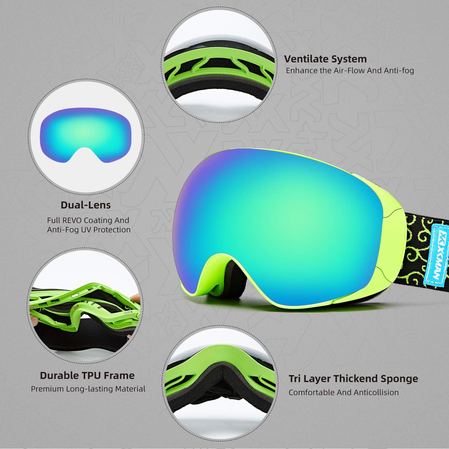 XCMAN Ski Snowboard Goggles UV Protection anti Fog Snow Goggles for Men Women Youth image number 2