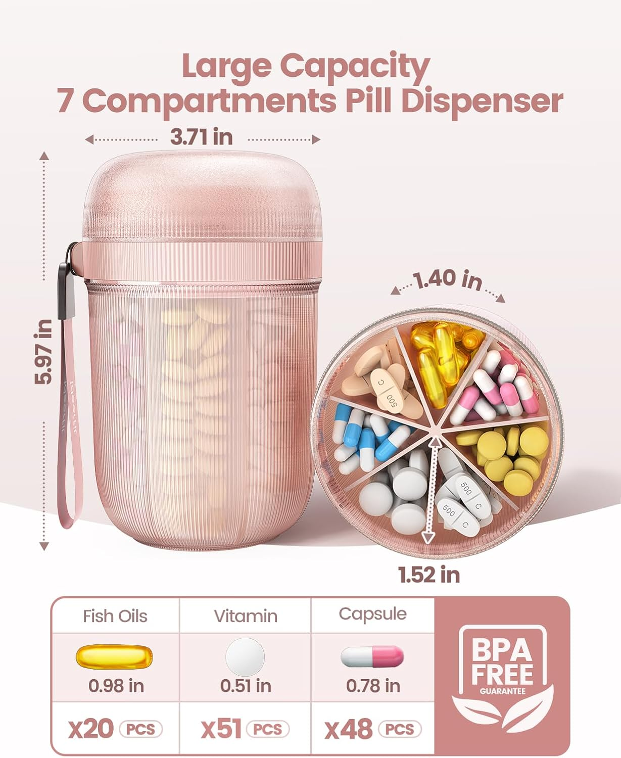 Large Pill Dispenser with 7 Large Compartments,Pill Bottle Organizer with Desiccant to Keep Medicines Fresh,Pill Box Case | Anti-Mixing | Light-Proof | Touch-Free,Bpa-Free Vitamin Organizer,Rose Gold