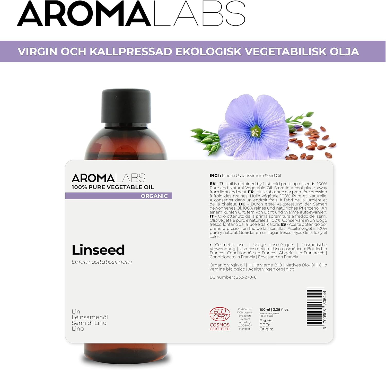 ORGANIC - LINSEED Oil - 100Ml - 100% Pure, Natural, Cold Pressed and Cosmos Certified - AROMA LABS (French Brand) image number 6