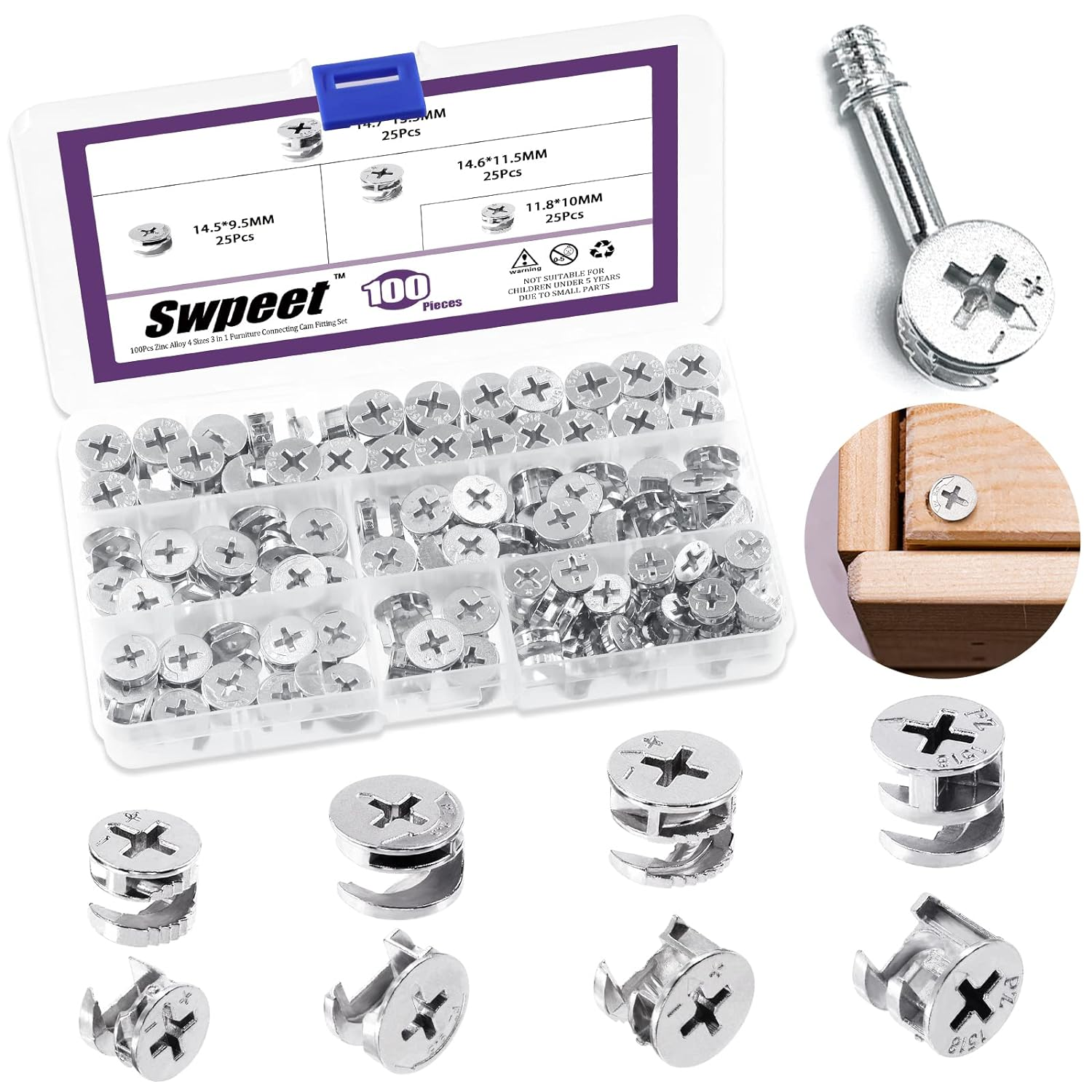 Swpeet 100Pcs 4 Sizes 3 in 1 Furniture Connecting Cam Lock Fittings Assortment Kit, Fastener Cabinet Connectors Hardware Bolts Furniture Connecting Lock Nut for Closets Bed Furniture Connecting