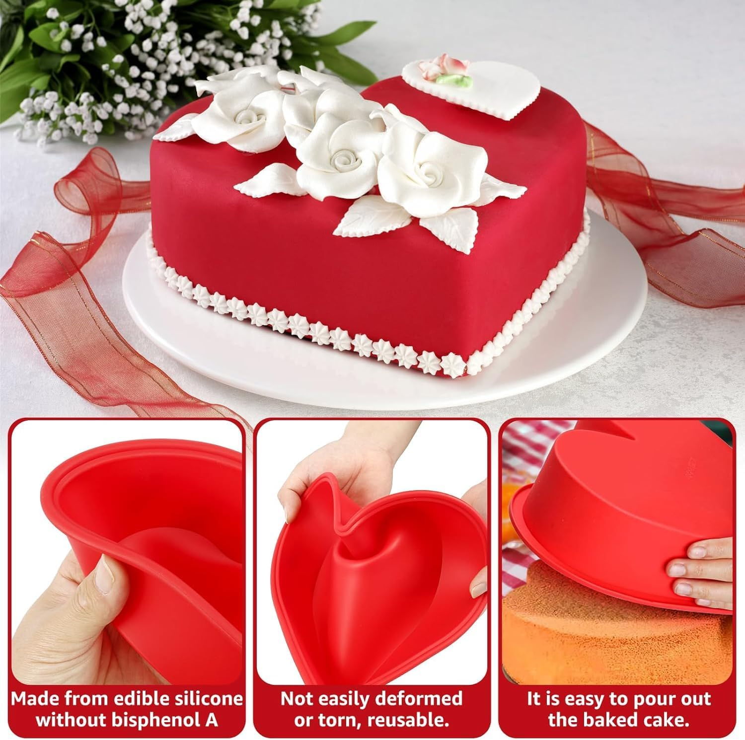 3Pcs Heart Shaped Cake Pans, 10 Inch Silicone Cake Molds, Cake Baking Tray, Reusable Cake Baking Pans, Nonstick Cheesecake Molds, Heat Resistant Cake Tins for Cake Cheesecake Chiffon Cake Muffin image number 4