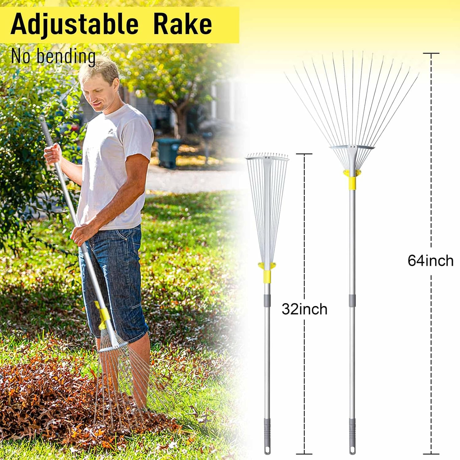 Jardineer 63 Inch Lightweight Garden Leaf Rake for Lawns, Adjustable Yard Rake for Leaves, Metal Lawn Rake with 23" Expandable Bigger Head.Ideal Garden Tools Gifts. One Year Warranty image number 3