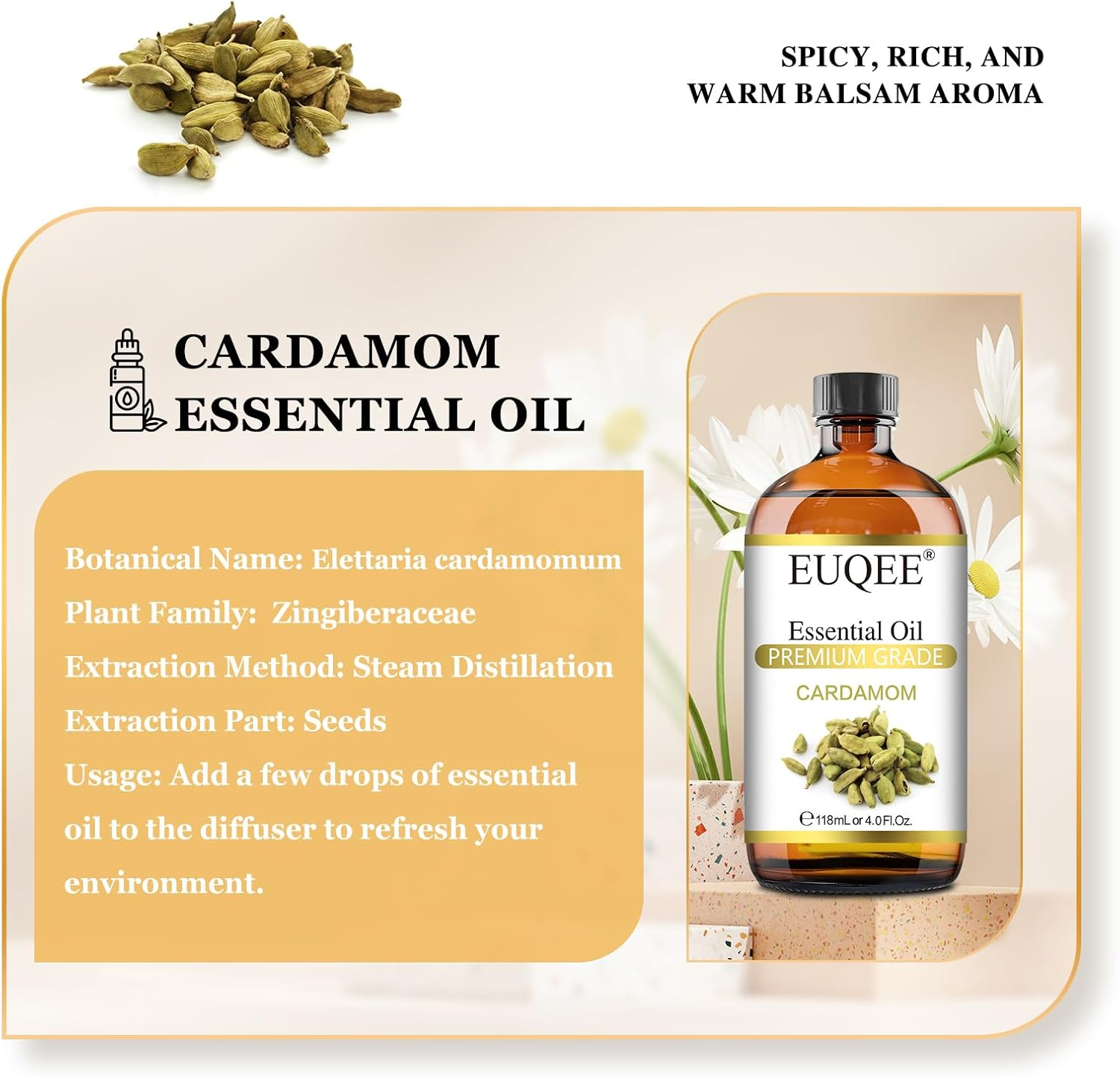 EUQEE Cardamon Essential Oil 118ML Premium Cardamon Oil with Glass Dropper, Great for Diffusers, Aromatherapy, Skin Body Hair Care, Soap Candle Making - 4 Fl.Oz image number 2