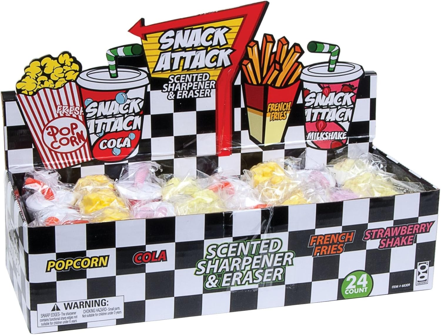 Geddes Raymond Snack Attack Scented Pencil Sharpener and Assortment Pencil Eraser (Pack of 24)