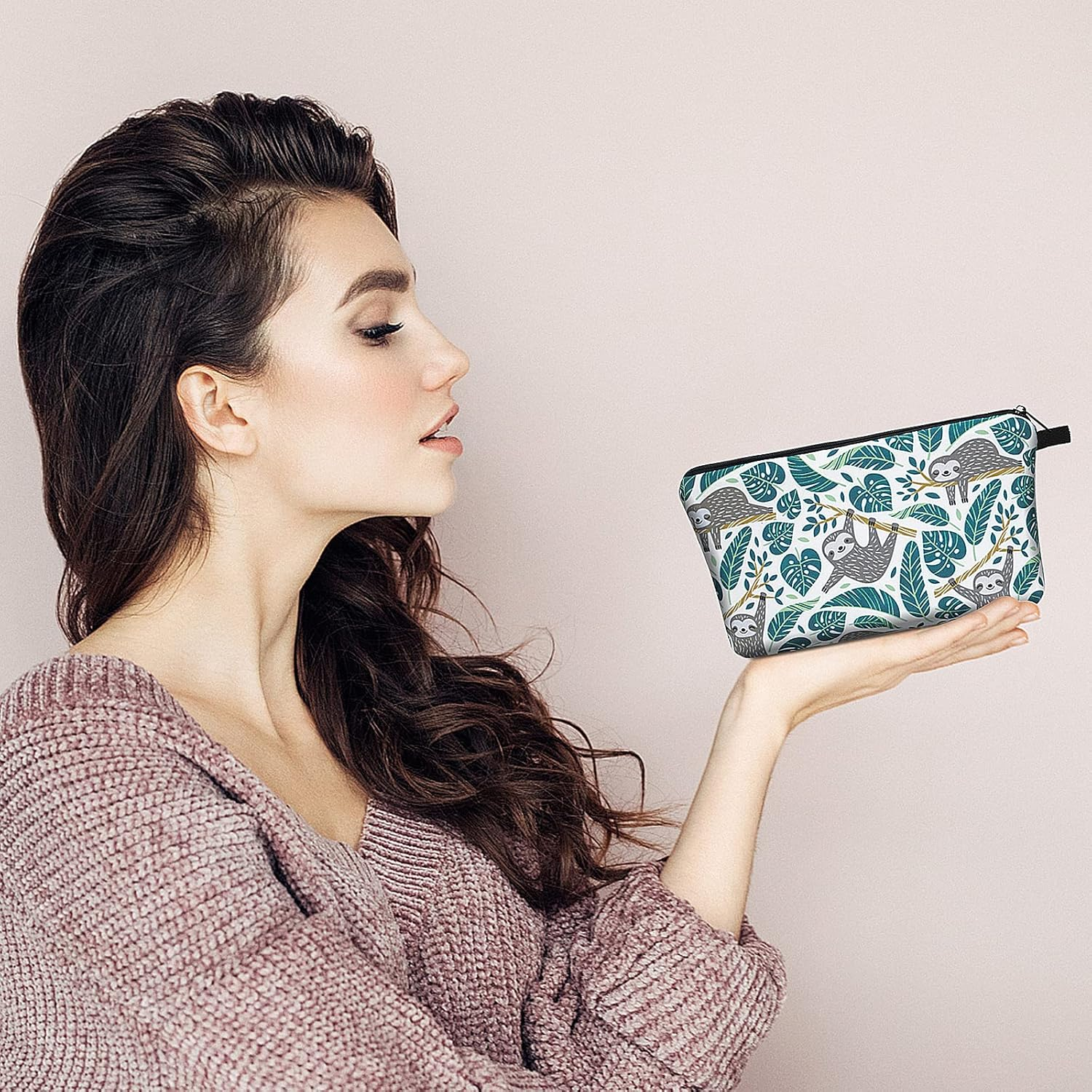 Sibba Canvas Cosmetic Bag Handbag Small Pouch Purse Zipper Pencil Case Toiletry Organizer Storage Beauty Makeup Travel Accessory for Teen Girls, Green Sloth, 21.5 X 14.5 X 1.5 Cm, Bag Organiser image number 3