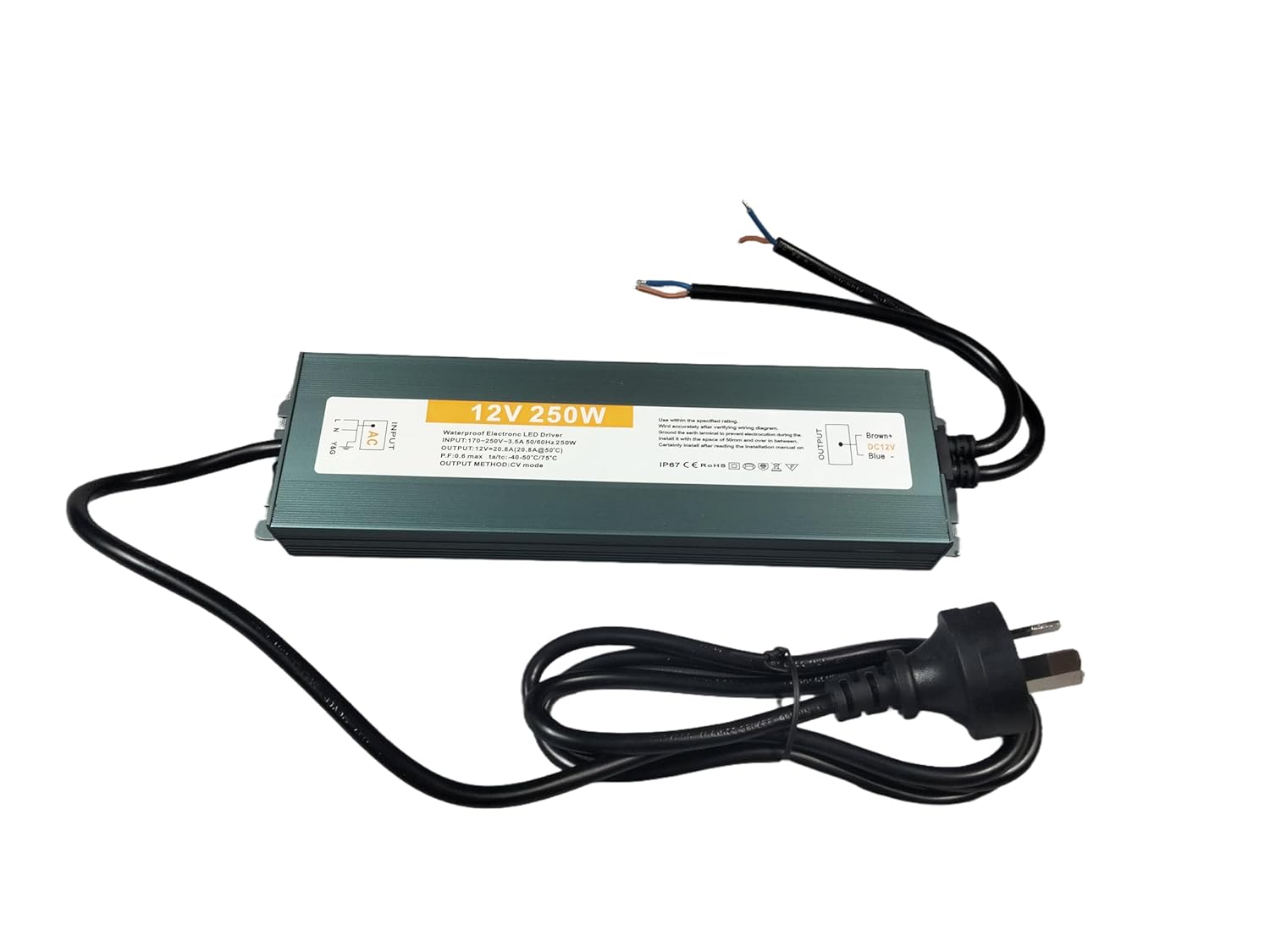 LED Power Supply 24VDC 250W IP67 Waterproof, Universal Input AC170-250VAC, with Standard Plug 130Cm Length,24V DC Constant Voltage Output LED Transformer Driver for Outdoor LED Lights image number 2
