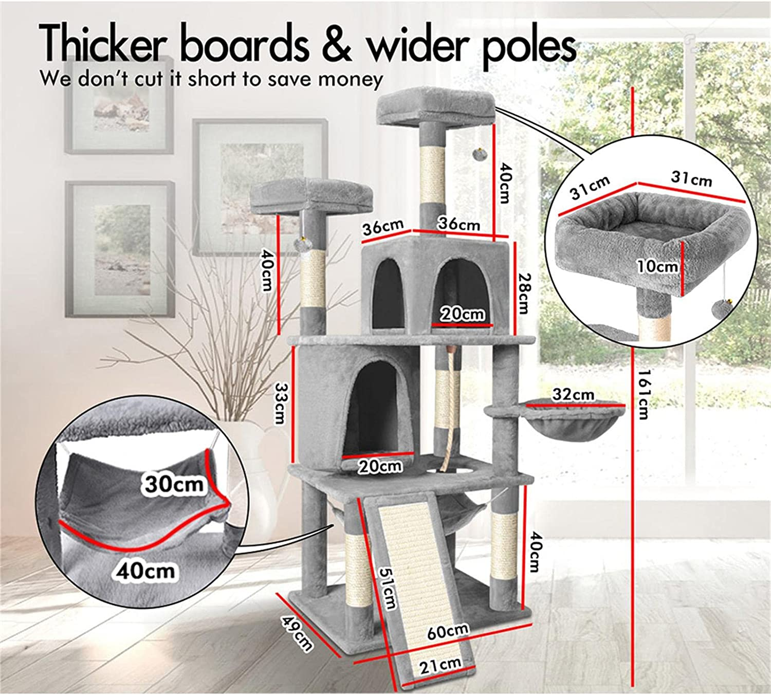 BEASTIE Cat Tree 161Cm Multi-Level Tower with Scratching Post Scratcher, Sisal-Covered Cat Tower with Plush Perch, Cat Condo Play House Wood Furniture for Kitten Climbing & Rest(Light Grey) image number 2