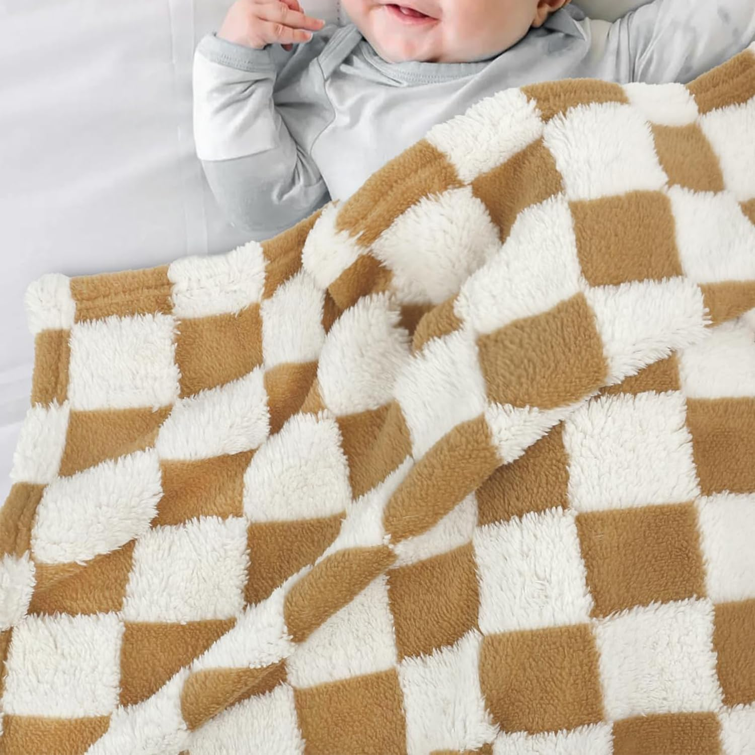 HOMRITAR Super Soft Baby Blanket for Boys Girls Warm Cozy Reversible Checkerboard Toddlers Blanket, Fluffy Fuzzy Plush Lightweight Bed Blanket with Chessboard Grid Design 350GSM Khaki 30 X 40 Inch image number 1