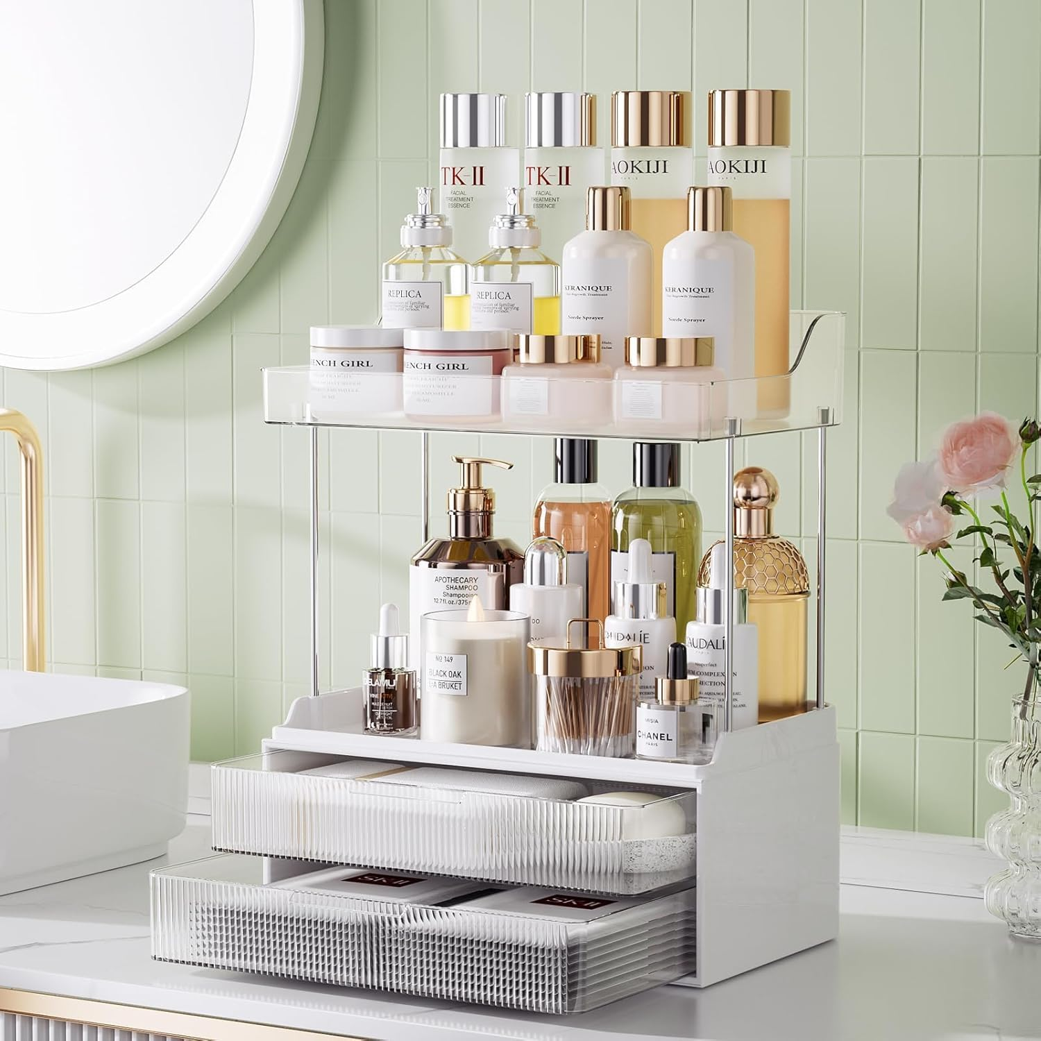 Bathroom Counter Organizer, 2 Tier 2 Drawer Makeup Countertop, Versatile Perfume Organizer, Makeup Organiser Storage, Large Skincare Organizers, Ideal for Bathroom Storage, Vanity, Perfume (Clear) - Clear image number 4