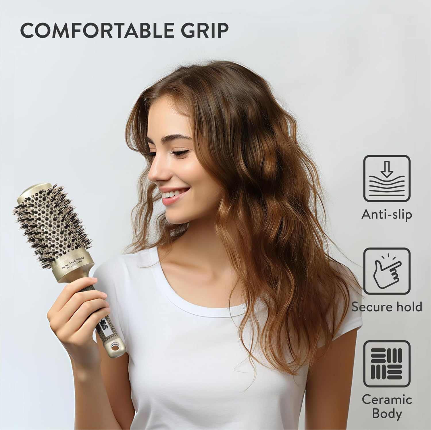 H&S round Hair Brush - ⌀ 85Mm (3.3") - Natural Boar Bristle Hairbrush for Blow Drying and Quiff Styling - Small Circlular Roll Brush for Women and Men - Gold