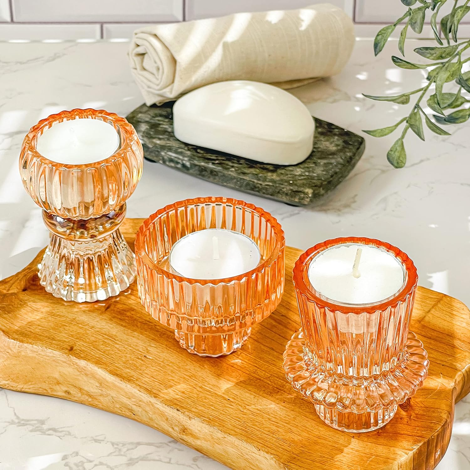 Kate Aspen Vintage Ribbed Rose Gold Pink Glass Candlestick Holders, Pillar Candle, Tealight & Votive Candle Holders (Set of 6, 3 Assorted Sizes), Dining Table Decor, Shelf Decor, Centerpiece image number 3
