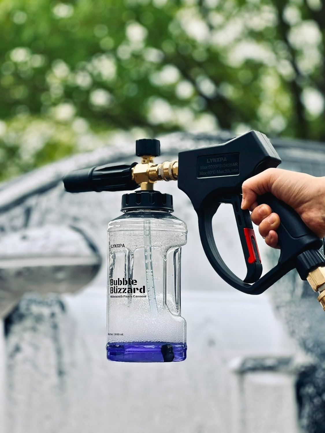LYNXPA Bubble Blizzard Premium Foam Cannon for Pressure Wahsers, Wide-Mouth Crystal Clear Design, Fully Recyclable Bottle, 1/4 Inch QC, 3300 PSI, Ideal for Car, Boat, and Home Wash
