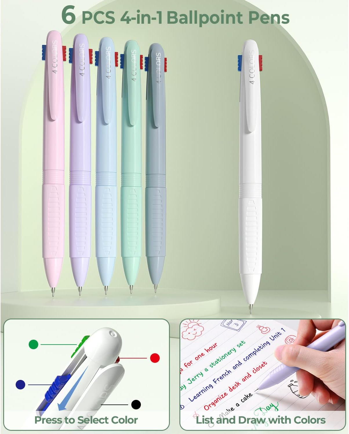 Four Candies 56 PCS Aesthetic School Supplies with Large Pencil Case, 6 Colored Ballpoint Pens, 12 Pastel Highlighters, 5 Black Ink Gel Pens, 9 Mechanical Pencils 0.5-2.0Mm Student Essentials (Green) image number 2