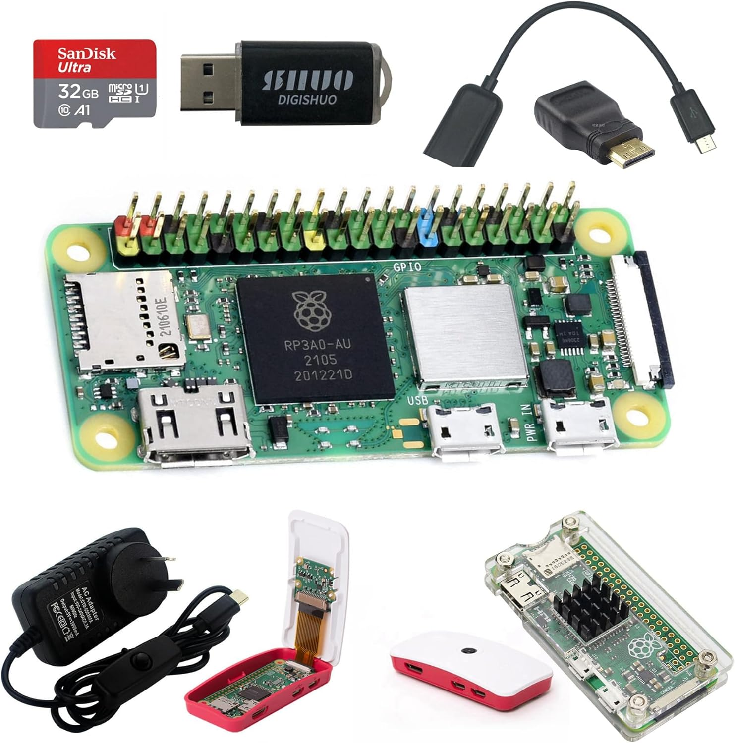 DIGISHUO Raspberry Pi Zero WH Complete Kit 1Ghz 512M Wtih Two Case 32G Sandisk Card Mini Hdmi&Micro USB&GPIO Header (Raspberry Pi Zero WH 8 in 1 Kit)