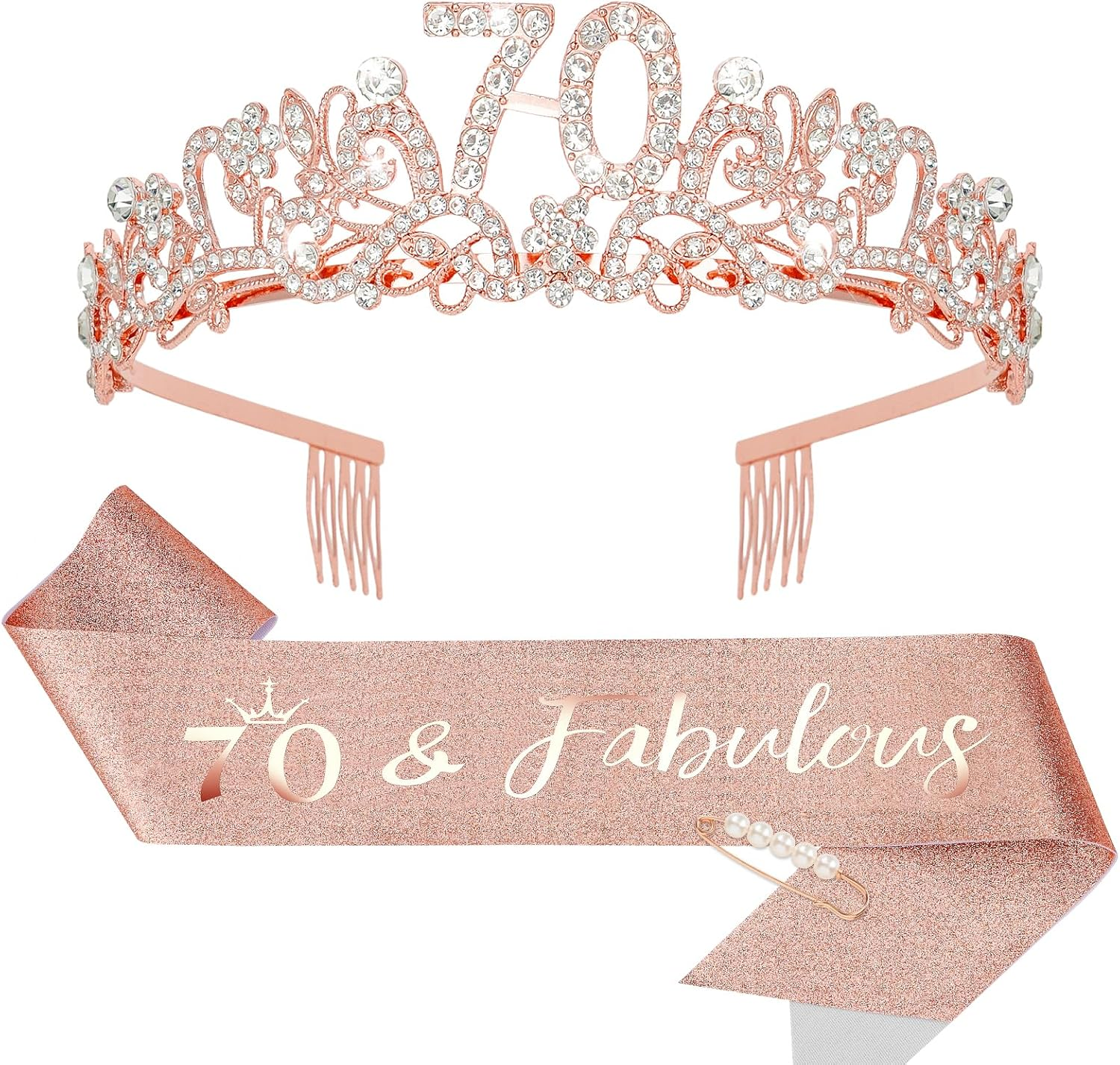 Rose Gold Birthday Tiara and Sash Set - Elegant Floral Rhinestone & Alloy 70Th Crown Headband with Comb & Soft Glitter Fabric Sash, Women'S Party Hair Accessories for 70Th Birthday image number 2