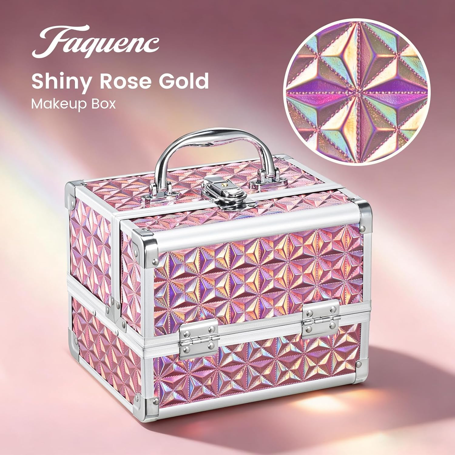 Makeup Case with Lighted Mirror Travel Makeup Organizer Box Portable Lockable 2 Trays Cosmetic Train Case with LED Mirror for Girls Make up Nail Kits Sewing Vanity Storage Case, Shiny Pink