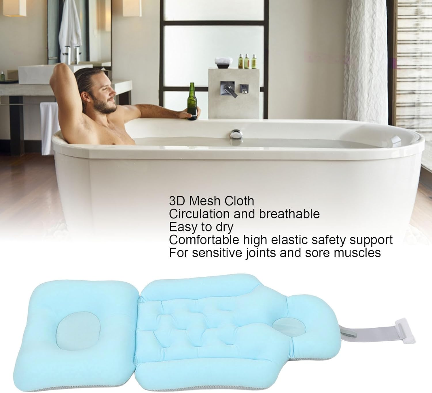 Full Body Bath Pillow, Soft Breathable Bathtub Cushion Headrest Back Support Non Slip Spa Bathtub Pillow Mattress for Head Neck Shoulder and Back Rest Support, 31.1X13.8 X3.1Inch (Blue) image number 5
