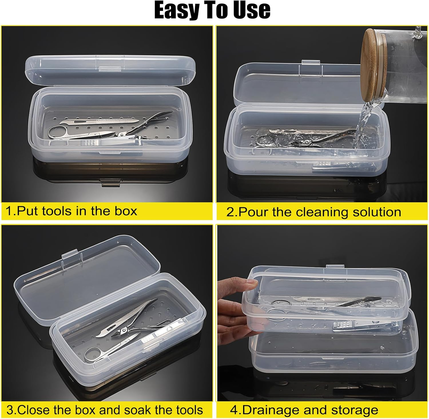 JUXYES Plastic Sterilizing Tray for Nail Art Accessories Tools, Portable Nail Art Tool Sterilizer Tray with Strainer, Fully Transparent Storage Box Organizer for Tweezer, Manicure Tools - Clear image number 4