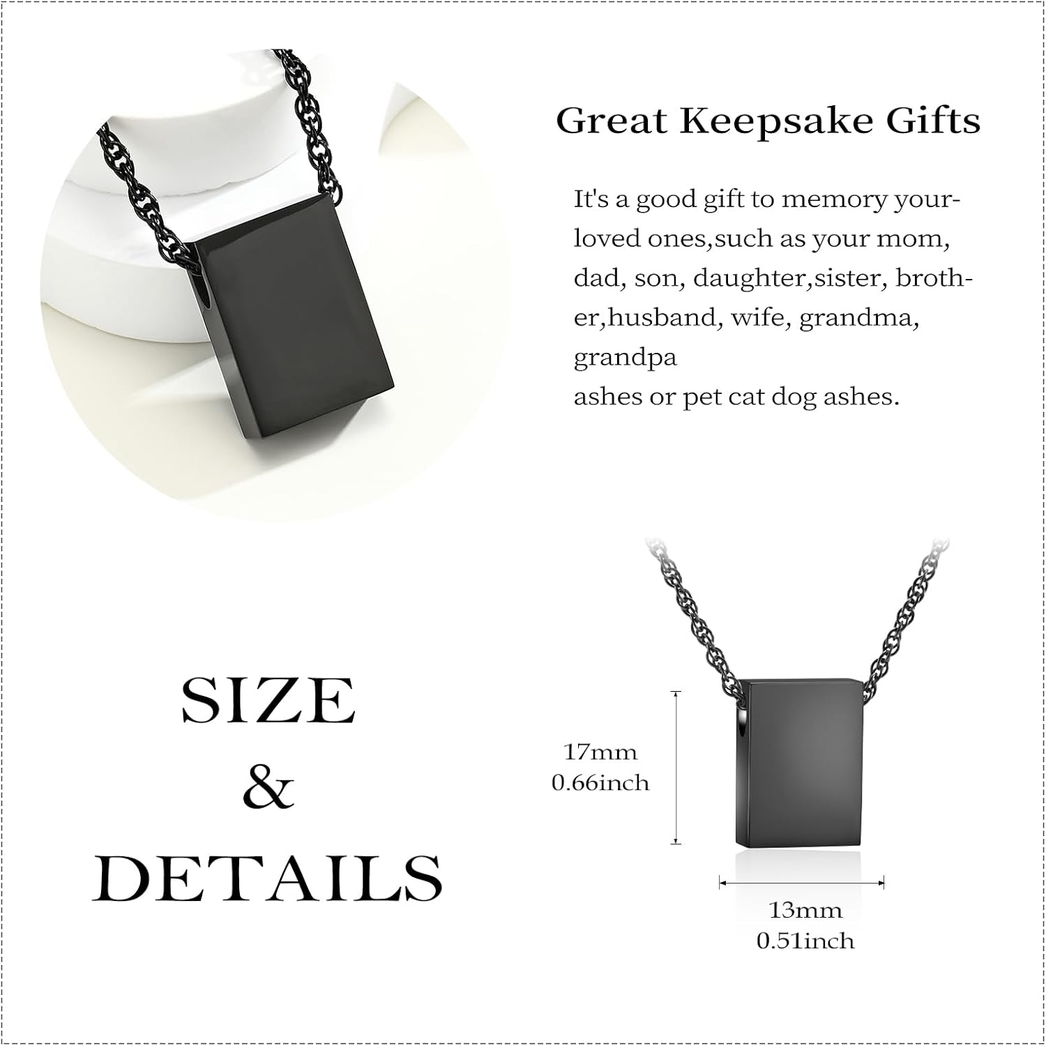 QGJNSGC Cremation Urn Necklace for Ashes Small Rectangle Square Memorial Ash Pendant Keepsake Jewellery Dog Tag Ash Locket for Women Men image number 1