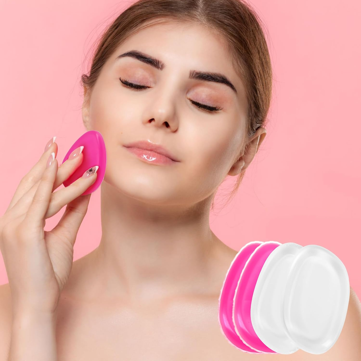 4 Pack Jelly Silicone Makeup Sponge Set for Women, Non-Absorbent Flawless Beauty Application Cosmetic Blender Pure Puff Applicator for Foundation, Powder, Concealer, Blush, Highlighter, Pink & Clear image number 4