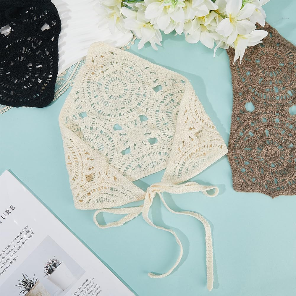 CABODYALS 3Pcs 3 Colours Crochet Bandanas Headbands Beige Black Gray Vintage Knitted Head Hair Scarf Knit Lace Floral Hollow Triangle Headscarf for Women Bridal Wedding Styling Dress Party Accessories image number 2