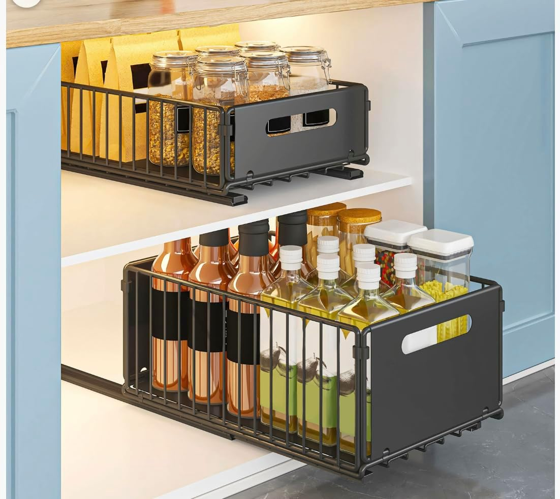 AVITONG 2 Pack Pull Out Cabinet Organiser Basket Set, Slide-Out Storage Drawers for Kitchen Pantry, Adhesive Installation, 1 Large + 1 Small Set, No Drilling image number 4