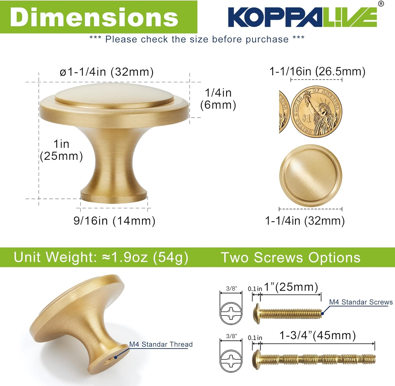 KOPPALIVE 20-Pack Solid Brass Cabinet Knobs, round Gold Knobs for Dresser Drawers, Brushed Brass Dresser Drawer Pulls Handles, Hardware for Kitchen Cabinets, Diameter 1-1/4 Inch image number 1