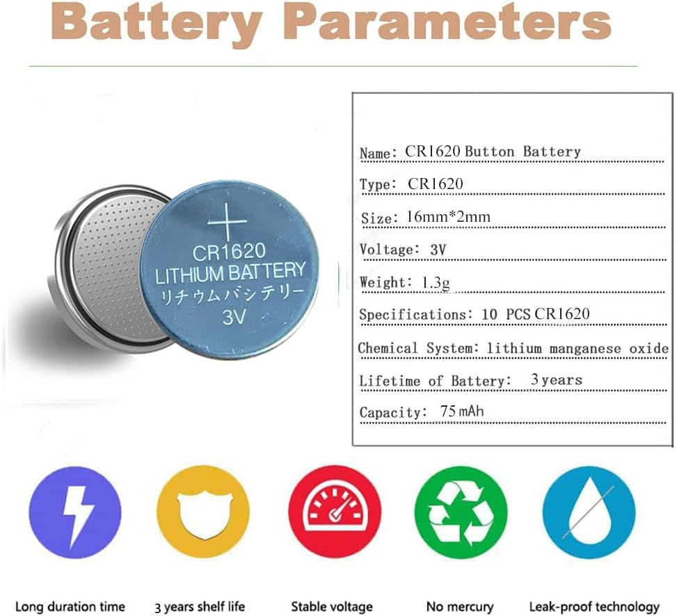 CR1620 Battery 3 Volt Lithium Coin Cell 1620 Batteries 10 Pack in Original Packaging for Watch, Car Key, Calculator, Electronic Scale, Toy image number 1