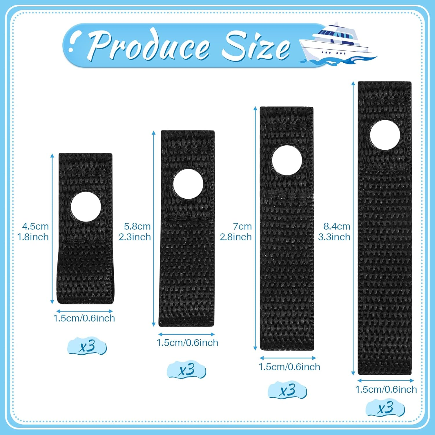 Patelai 12 Pcs Soft Loops Motorboat Cleats, Quick and Secure Anchor Points for Docking Bumpers, Anchoring Line and Bungee Dock Rope, 1.8'' 2.3'' 2.8'' 3.3'' Long 0.6'' Wide(Black) image number 6