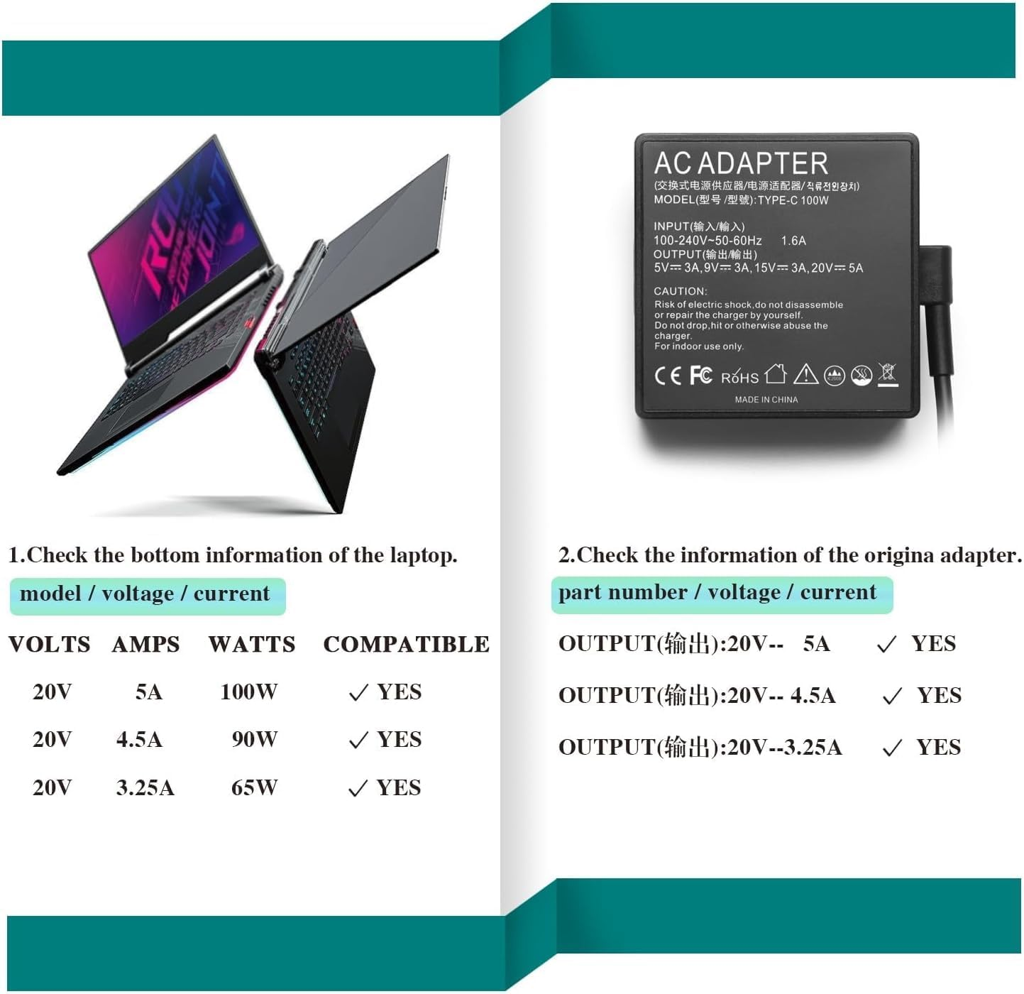 100W USB C AC Adapter Power Charger Replacement for ASUS ROG Flow Z13 GZ301 GZ301Z ASUS ROG Flow X13 GV301 GV301Q GV301R A20-100P1A Lenovo Yoga Macbook Pro image number 6