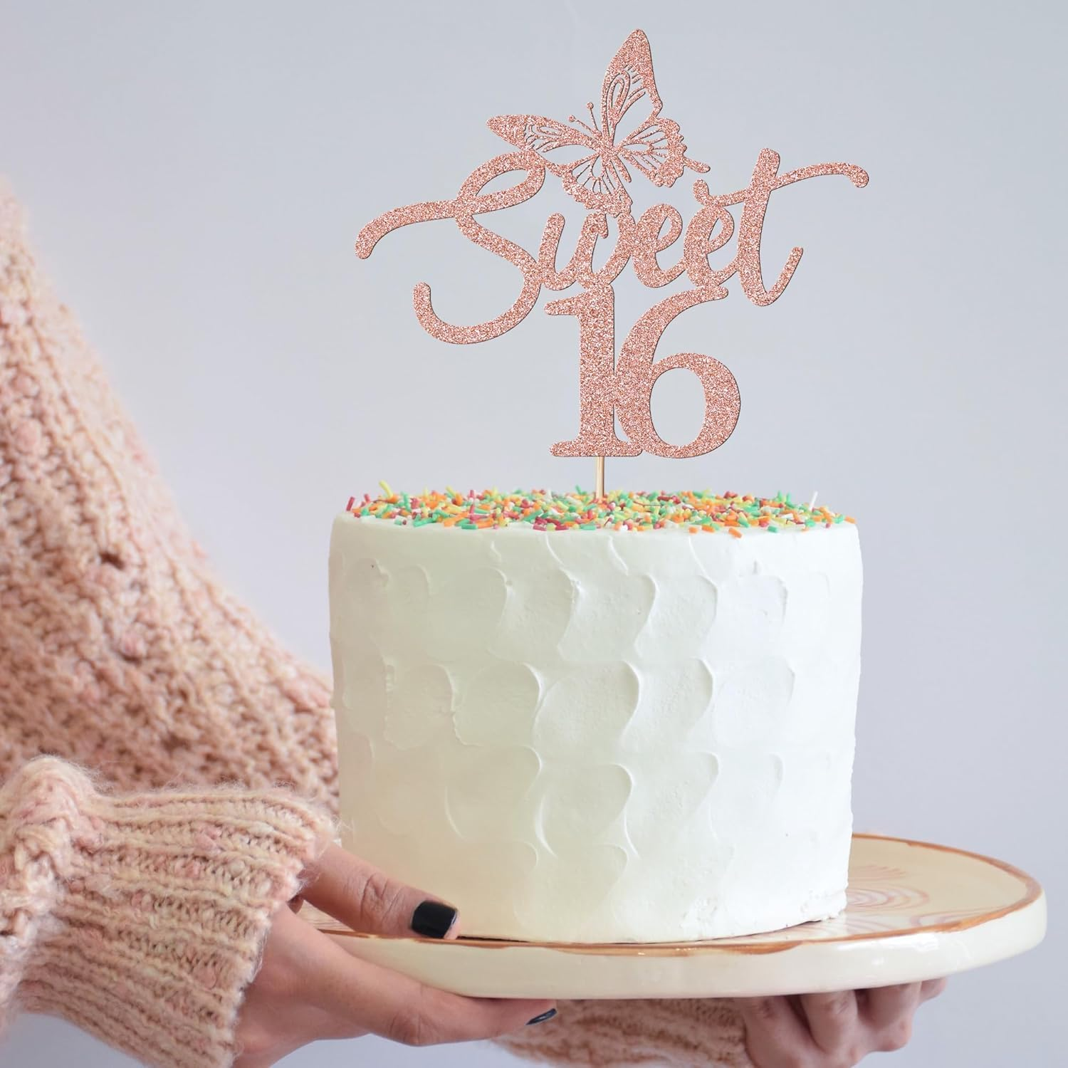 Confetti! Sweet 16 Butterfly-Themed Rose Gold Cake Topper &ndash; Perfect for 16Th Birthday, Anniversary & Wedding Celebrations