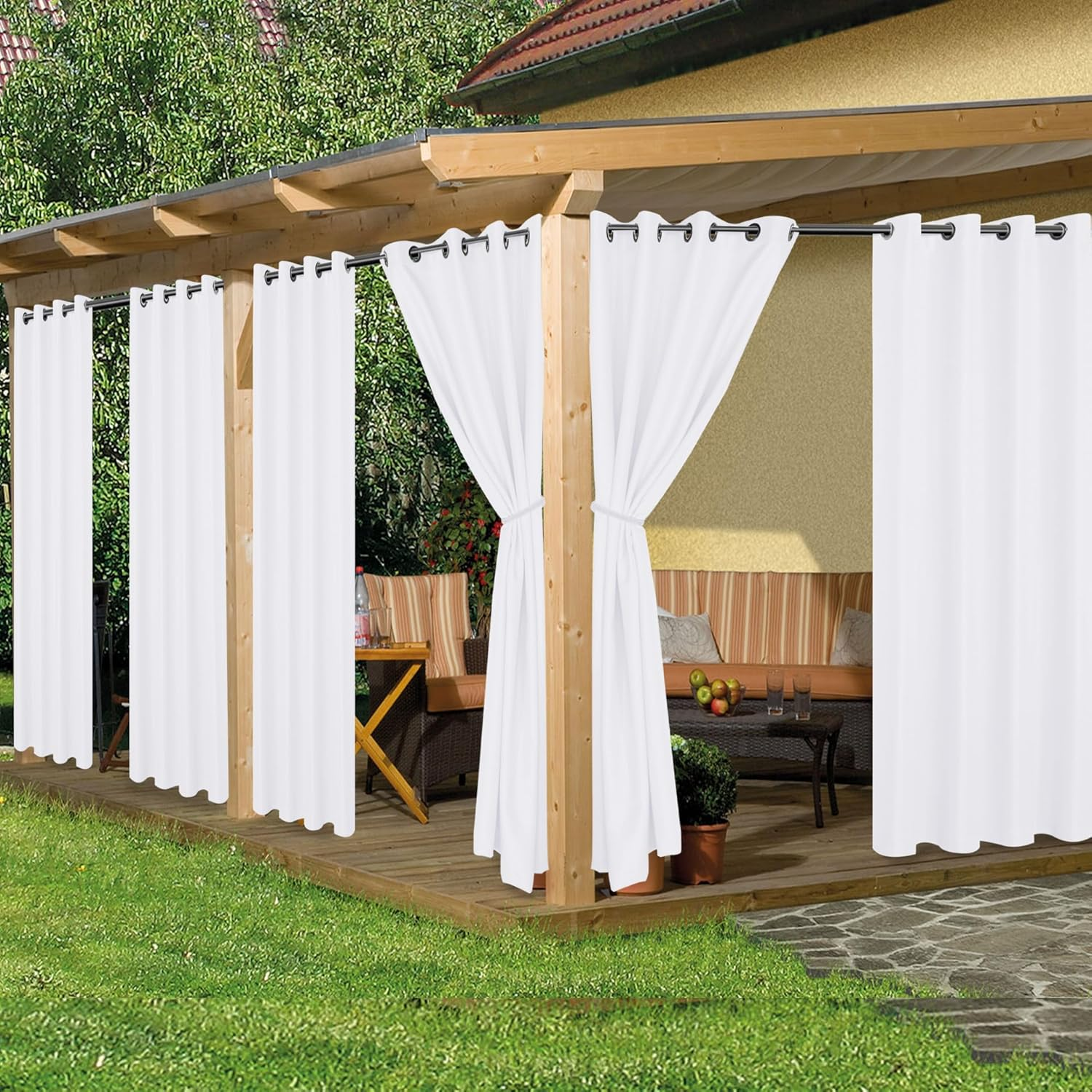 Holidayideas Outdoor Curtains for Patio Waterproof, 6 Panels - 54X95 Inches - Weatherproof Privacy Outsides Curtains for Cabana Porch Pergola, Sunlight & UV Blocking (White, Grommet Top) image number 3