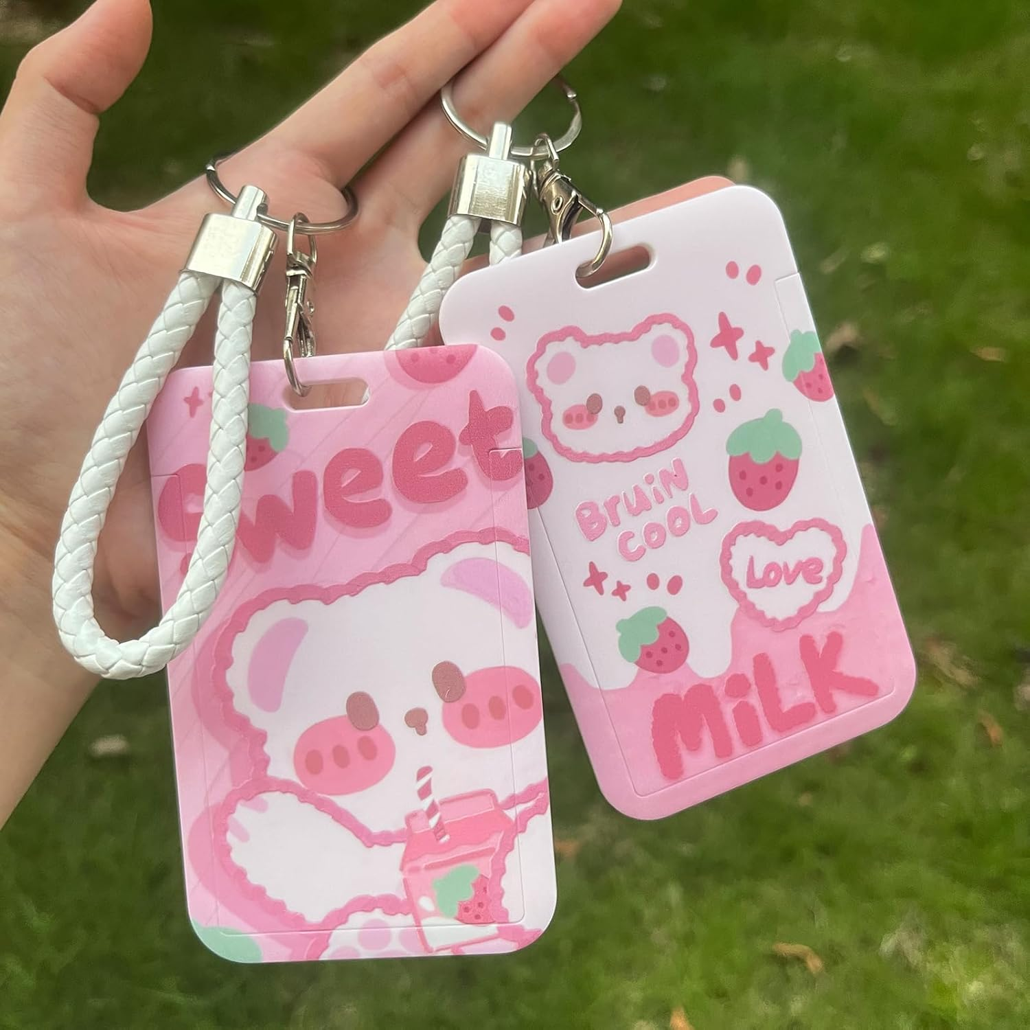 2 Pcs Kpop Photocard Holder Keychain Cute Bear Strawberry Kpop ID Badge Holder with Keychain Badge Reel Stationery for Back to School Student Bus Card Pendant Keychain (Pink), DTR42