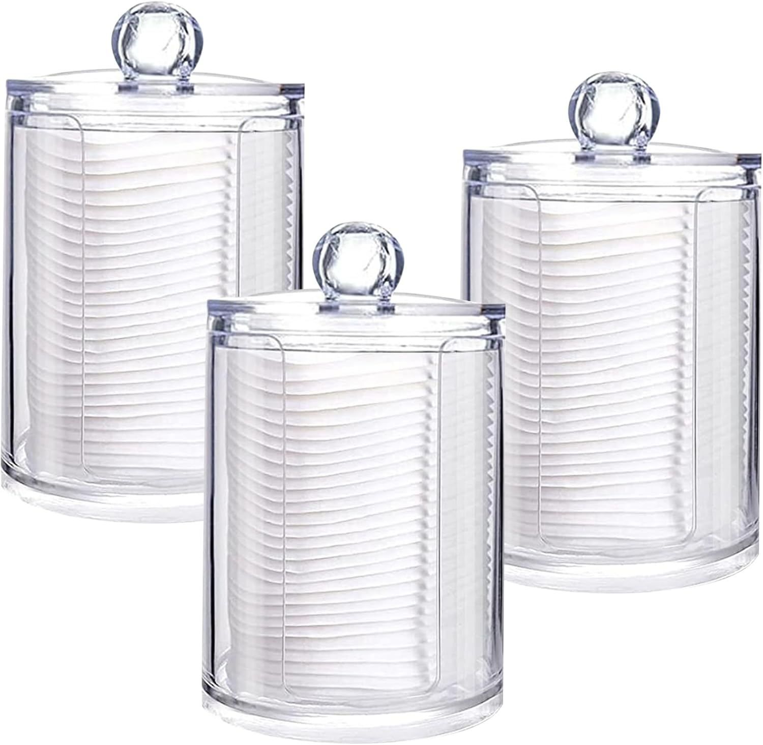 3 Pack Qtip Holder Dispenser Kit for Cotton Ball round Pads, Clear Plastic Jars Set, Jars with Lids for Bathroom Organization, 10 Oz Holder Storage Canister Acrylic Jars, Bedroom Accessories