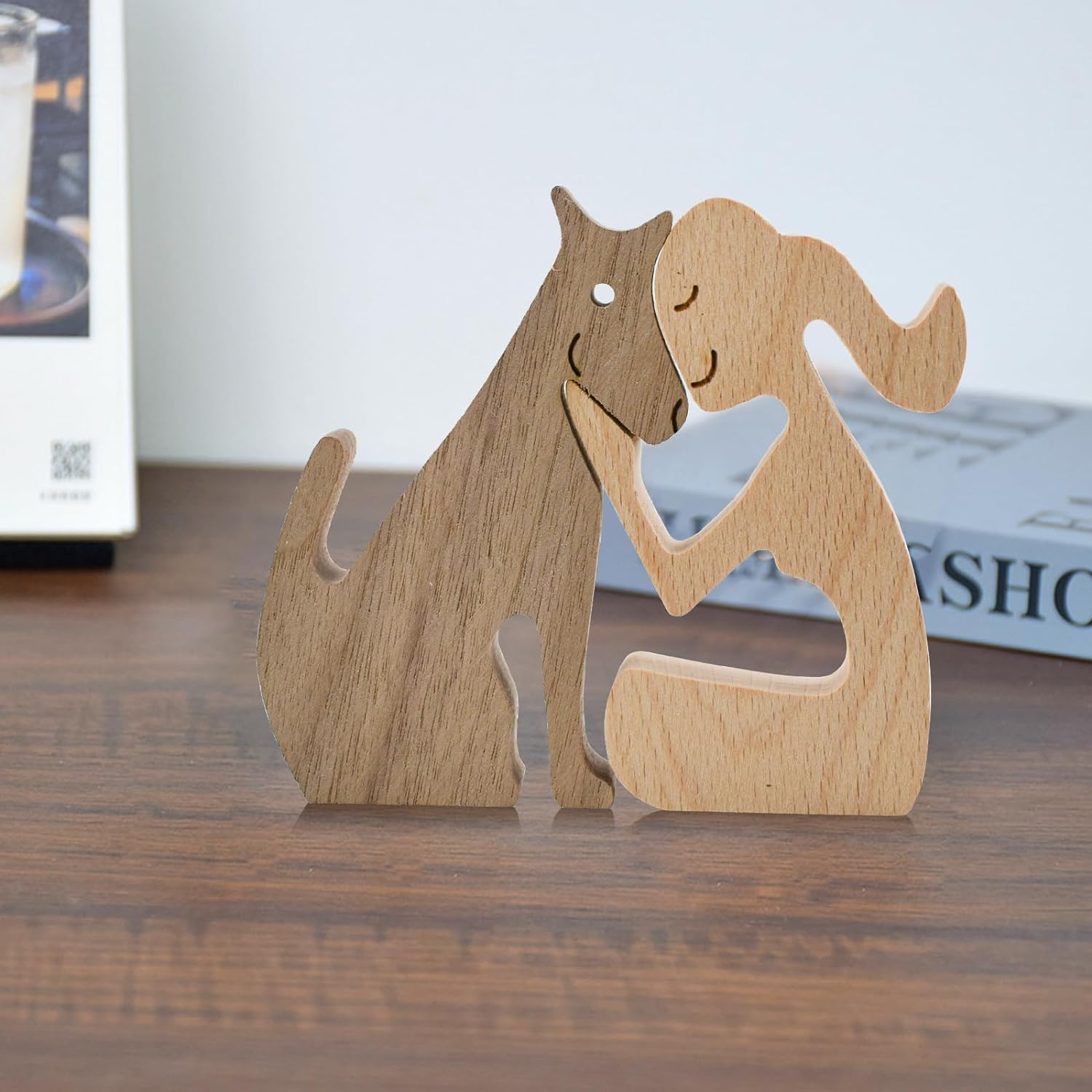 Enkrio Wooden Dog Figurines Dog Statue Wooden Sculptures Handmade Accents Crafts Wooden Carving Dog for Home Decor (Woman Kiss Dog) image number 6