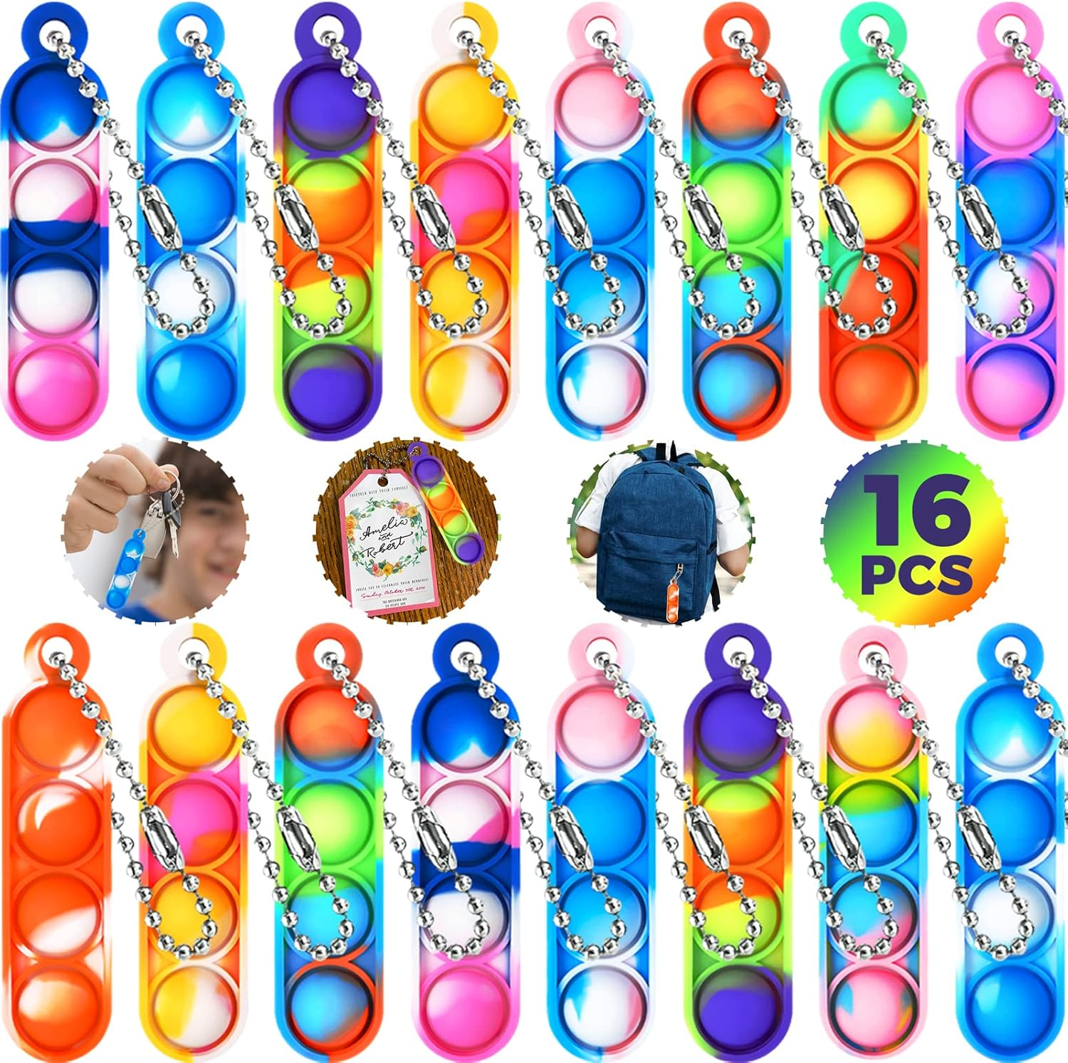 16Pcs Pop Keyring It Fidget Toys Pack Party Bag Fillers for Kids, Poppet Keyring Christmas Eve Box Stocking Fillers Game Prizes Kids Valentines Day Birthday Party Favour Gifts Sensory for Girls Boys image number 1