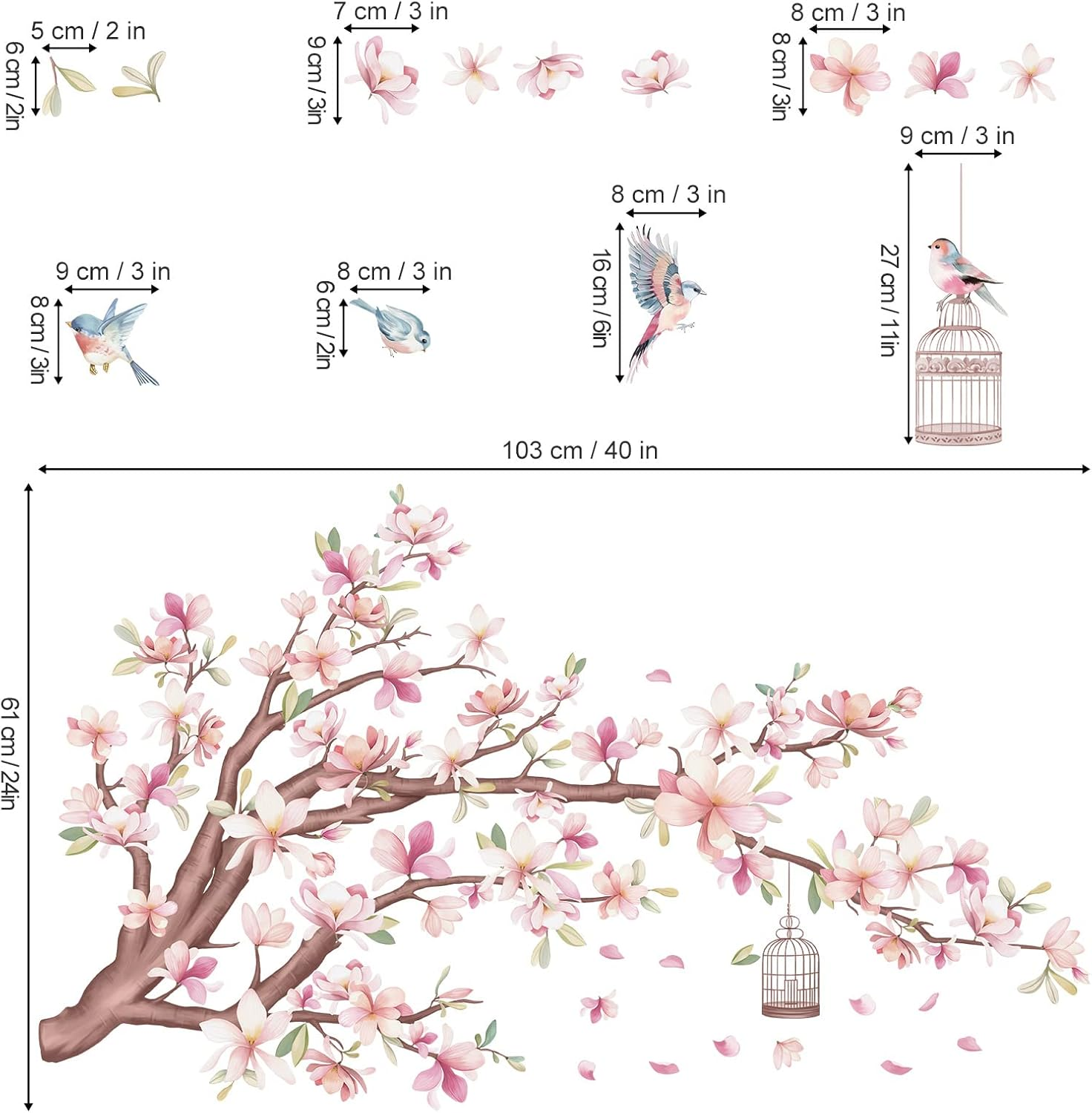 Wondever Cherry Blossom Flowers Wall Stickers Pink Magnolia Floral Tree Branch Birds Peel and Stick Wall Art Decals for Living Room Bedroom TV Wall image number 2