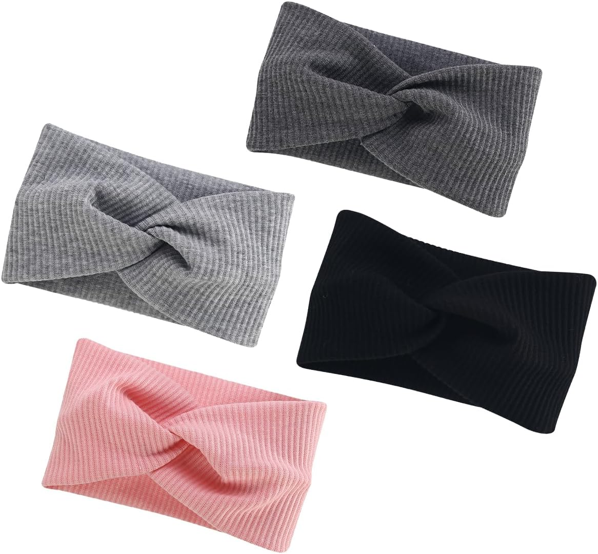 Pack of 4 Cotton Headbands for Women Girls, Women'S Headband, Twisted Headband Women, Hair Band, Wide Elastic Headbands, Hair Bands, Hair Band Knot for Yoga, Running, Training, Fitness image number 3