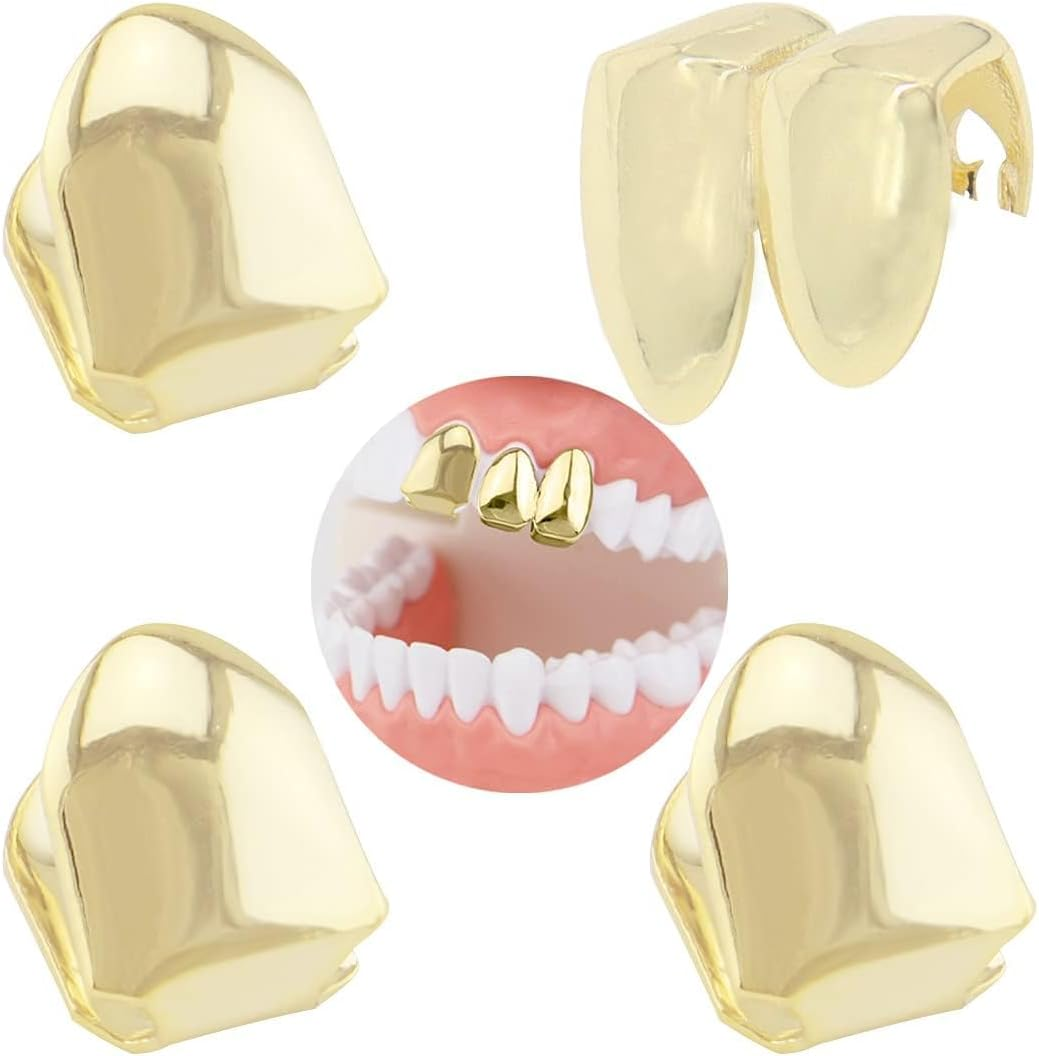 4 Pieces 18K Plated Gold Hip Hop Teeth Grillz Gold Teeth Fake Teeth Hip Hop Single Teeth Grillz Caps Top Grill image number 1