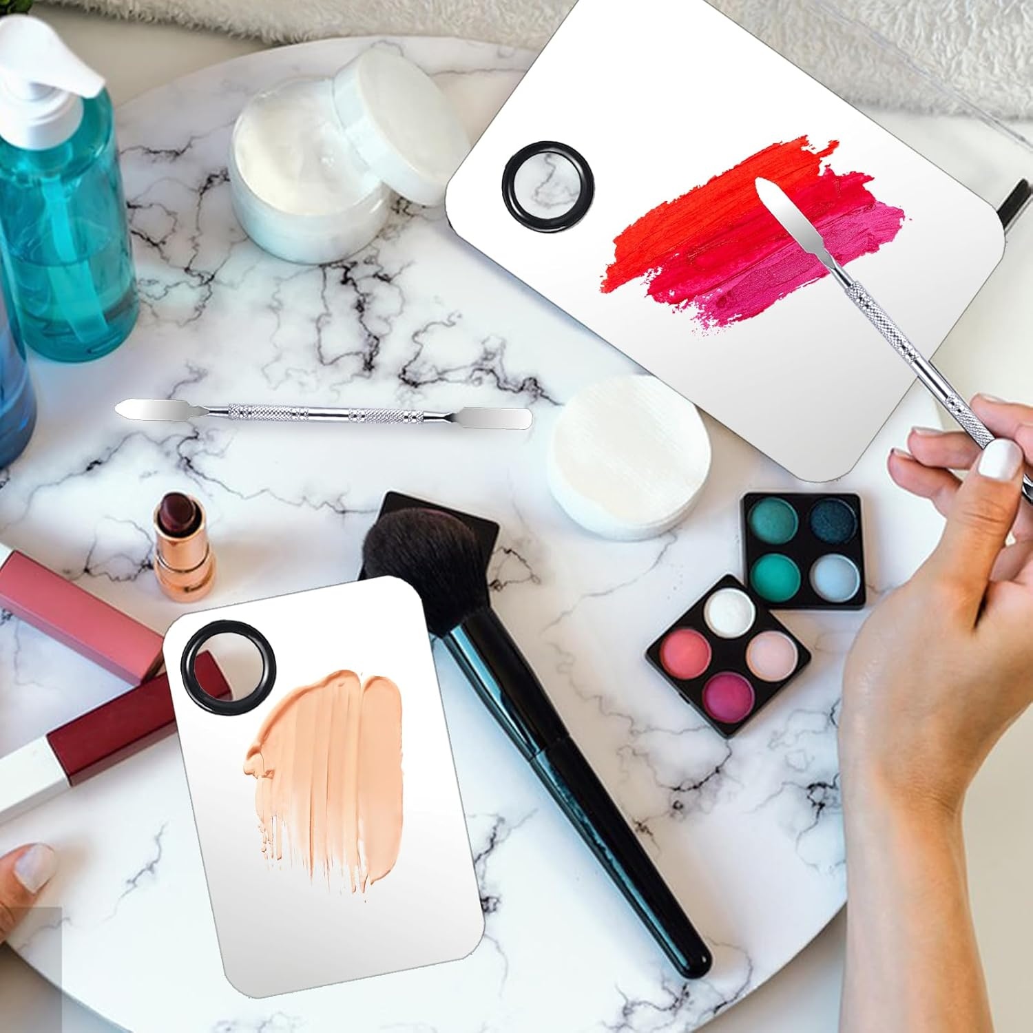 2 Set Makeup Mixing Palette,Stainless Steel Makeup Palette with Spatula Professional Make up Artist Must Haves Make up Palette,Suitable for Mixing Foundation Make up Eye Shadow and Nail(Silvery） image number 5