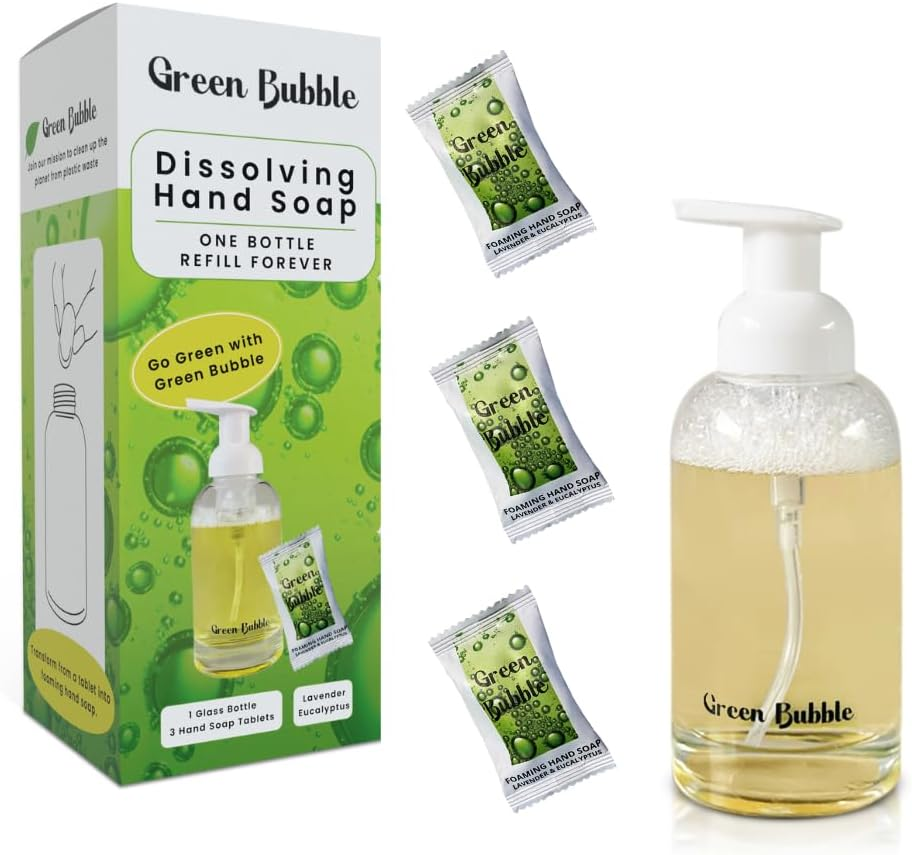 Green Bubble Single Hand Soap Kit, 1 Glass Soap Dispenser, 3 Foaming Hand Soap Refill, Makes 1 Liter of Soap, ((Makes 3X 350Ml Bottles of Soap) (1 Foaming Dispenser + 3 Hand Soap Tablets) image number 3