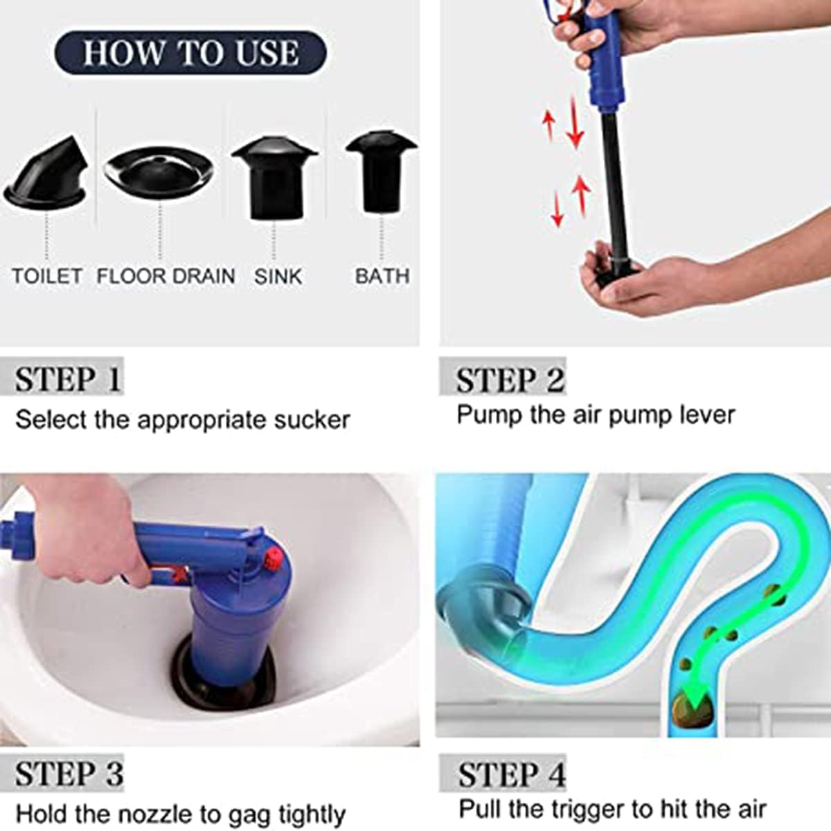 Toilet Plunger Set Drain Clog Remover Tool Tub Drain Cleaner Opener Air Drain Blaster Gun Bellows Plunger Pump for Sink Bath Toilets Bathroom Shower Kitchen Clogged Pipe Bathtub 4 Suckers image number 5