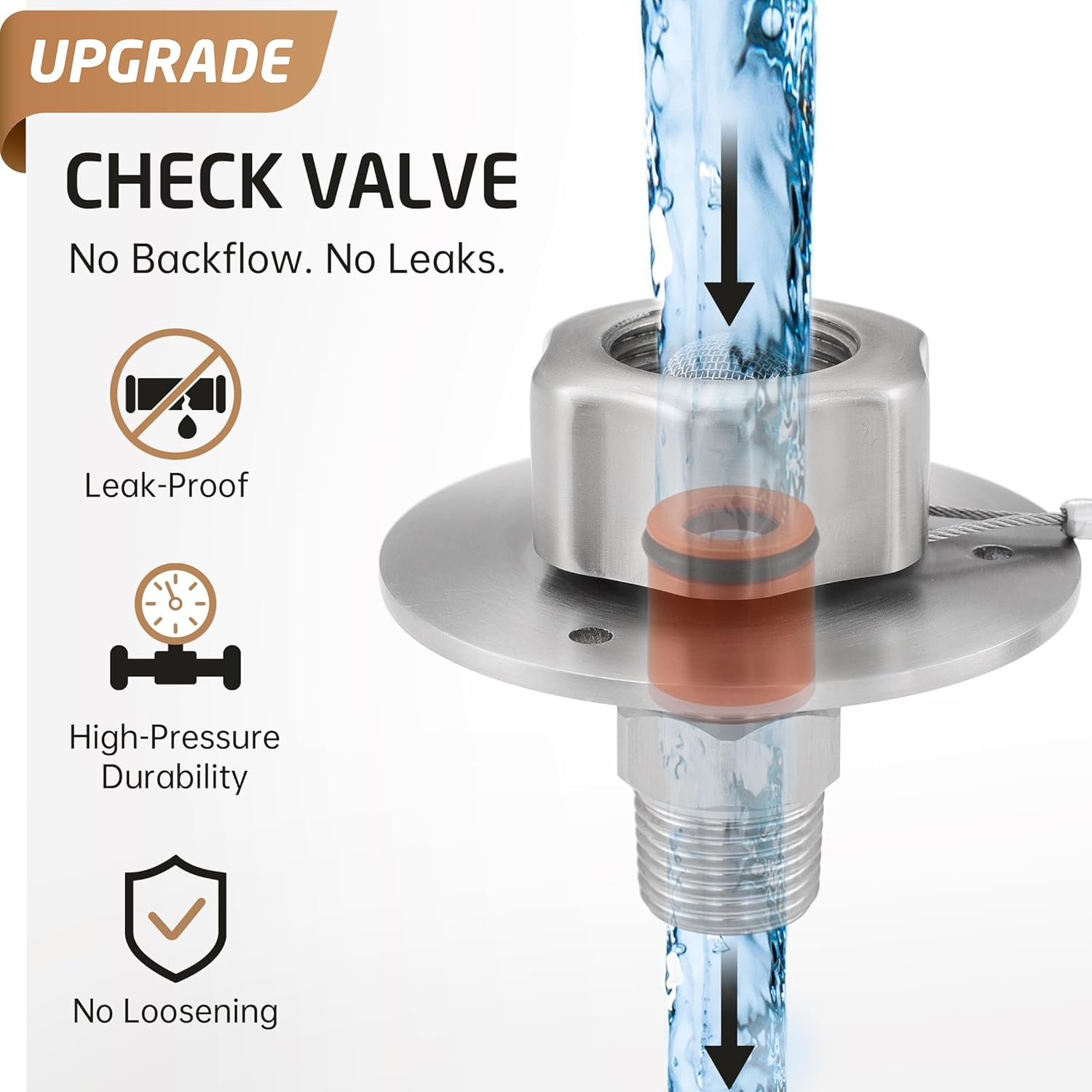 18/8 Stainless Steel RV Water Inlet with Upgraded Check Valve, KES All Metal RV City Water Inlet Replacement, Leak Resistant Design for RV, Camper, Trailer, Marine, Brushed Finished, RWI200-BS image number 1