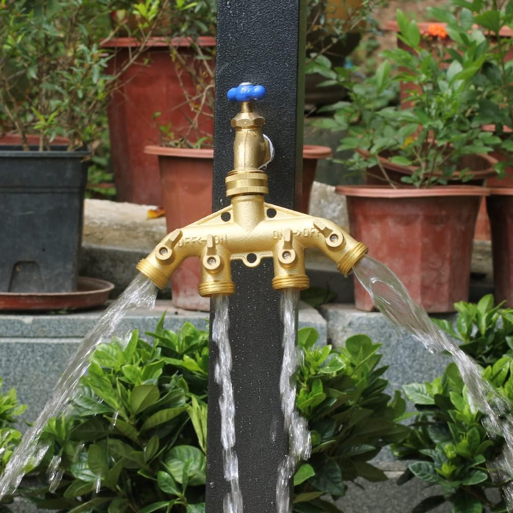 YELUN Garden Hose Splitter Heavy Duty Brass Connector, Garden Faucet Splitter for Outdoor Faucet Hose Bib Splitter, Adapter with Comfortable Grip Shut off Valves (4 Way Splitter) image number 3