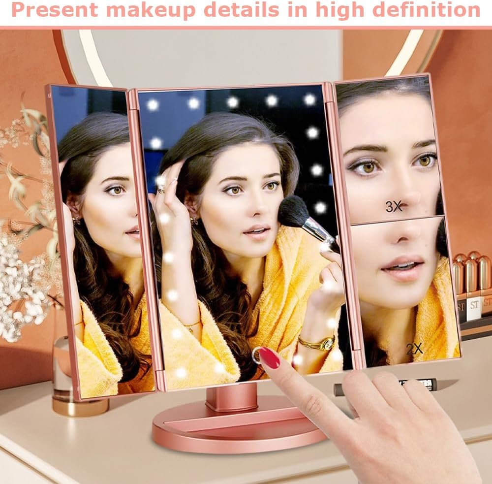 Makeup Mirror with Lights,Magnifying Beauty Looking Glass, Trifold Cosmetic Mirror,Countertop Vanity Looking Glasses,Portable High Definition Mirrors,With Touch Screen Dimming image number 3